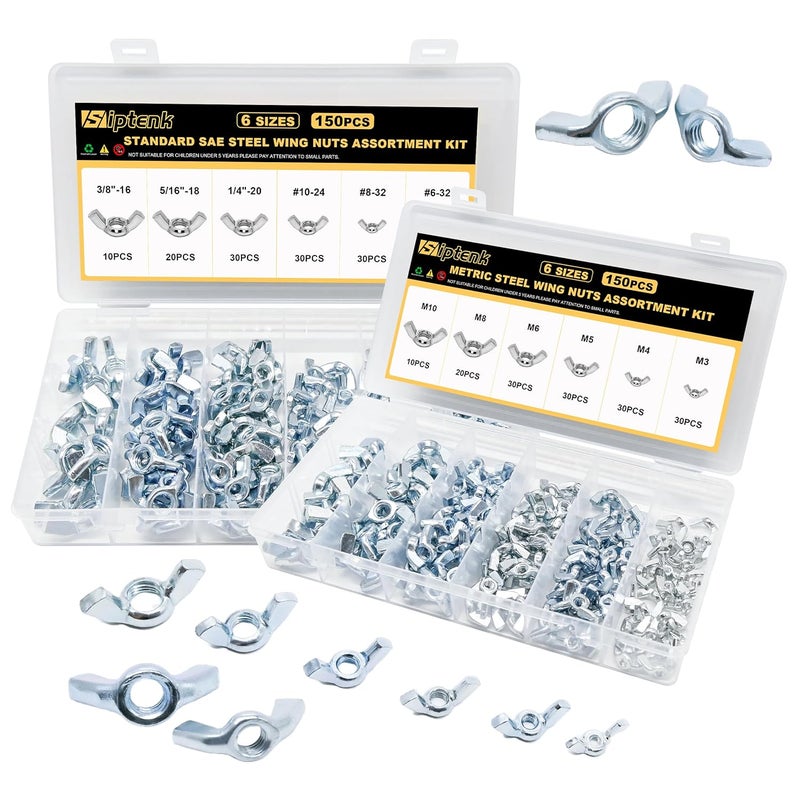 Siptenk Wing Nuts 300PCS, Metric & SAE Wingnuts 12 Assorted Sizes Carbon Steel Zinc Plated Butterfly Wing Nut M3-M10 6-32 to 3/8"-16 Fasteners Hardware Assortment Kit - Image 1